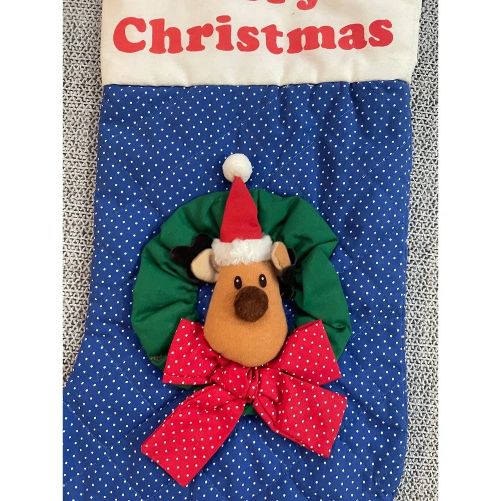 Russ Christmas Stocking‎ Blue Polka Dot Reindeer Wreath Merry Christmas Holiday